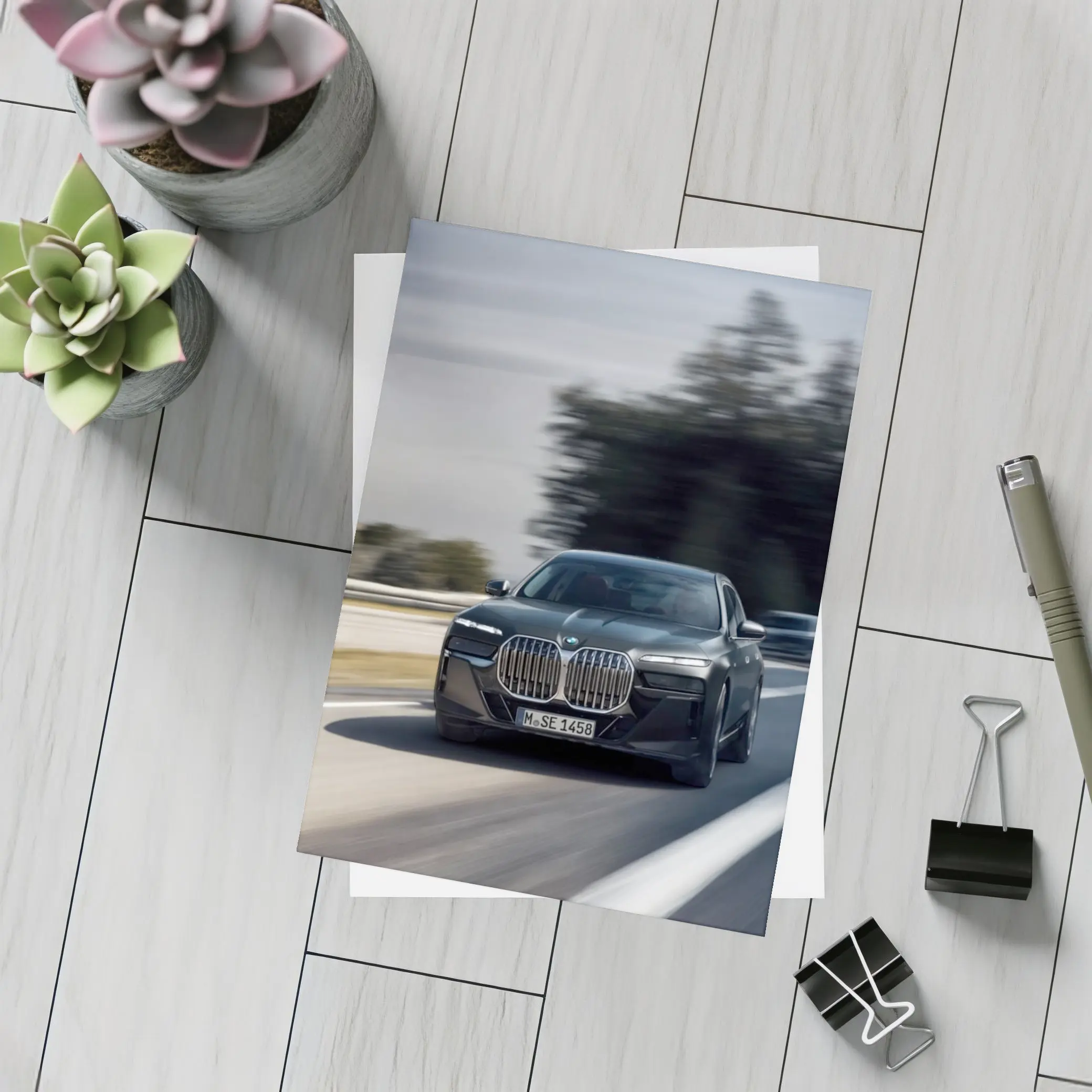 BMW 7 Series Black Sedan on Highway – Postcards