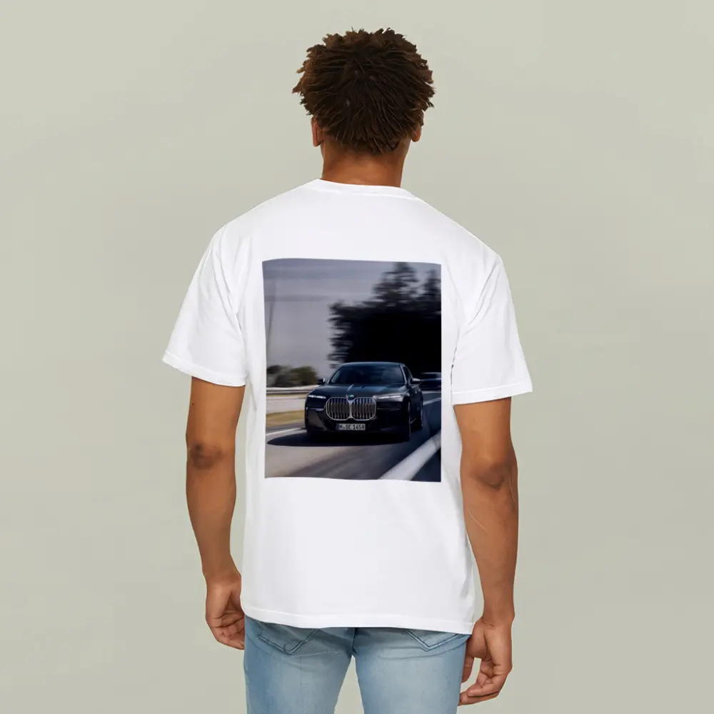 BMW 7 Series Black Sedan on Highway – T-Shirts