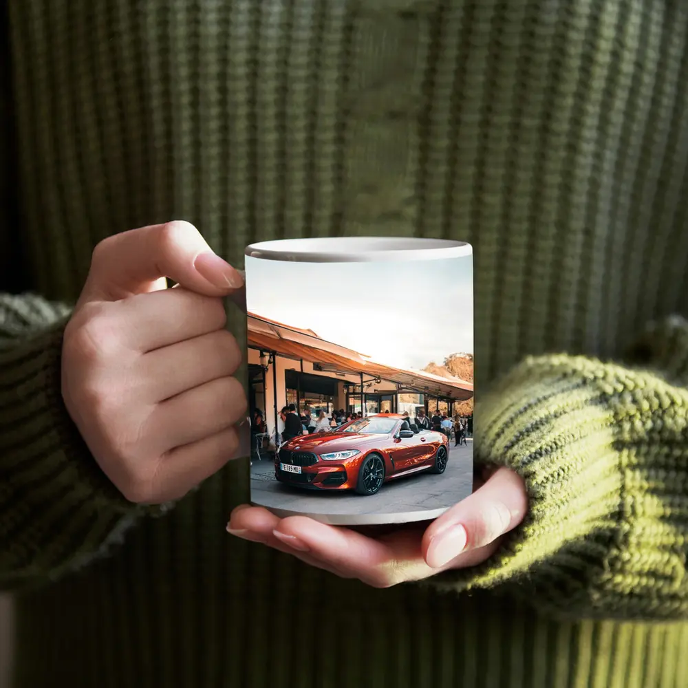 BMW M8 Convertible Parked Outside Cafe – Mugs