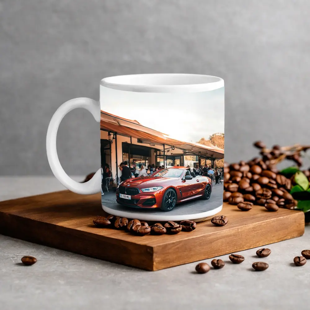 BMW M8 Convertible Parked Outside Cafe – Mugs