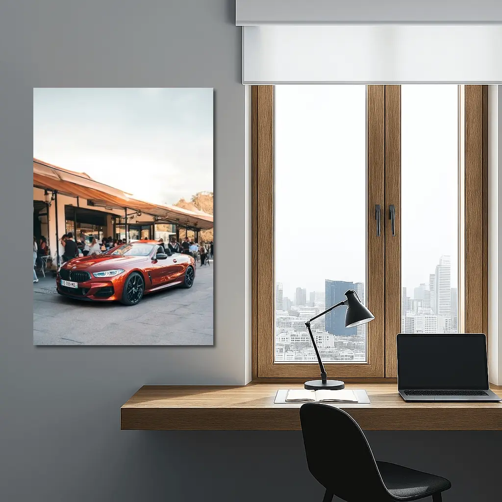 BMW M8 Convertible Parked Outside Cafe – Wall Art