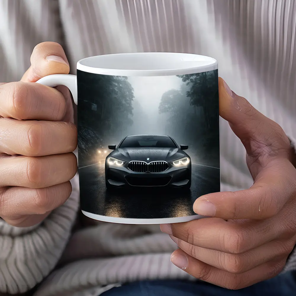 BMW 8 Series Front View Foggy Road – Mugs