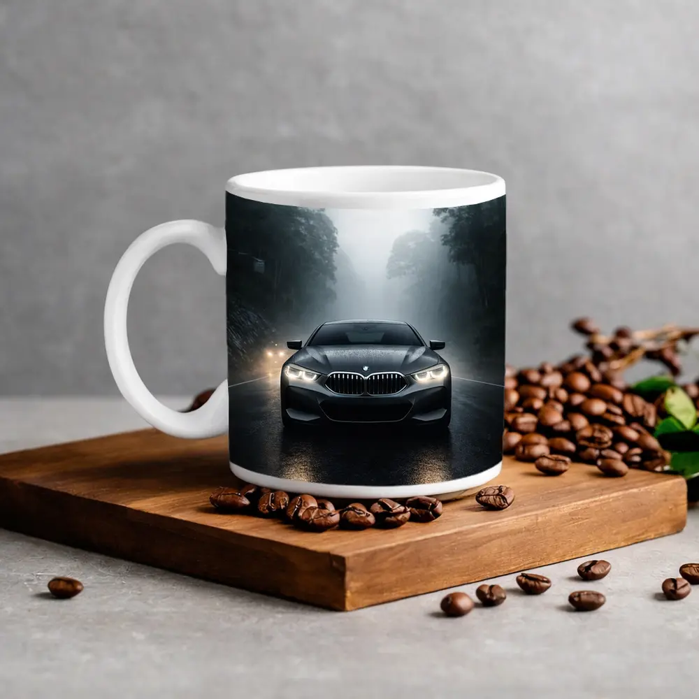 BMW 8 Series Front View Foggy Road – Mugs