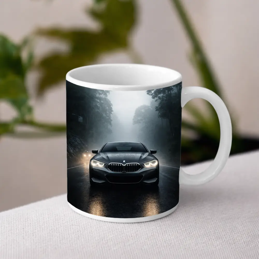 BMW 8 Series Front View Foggy Road – Mugs