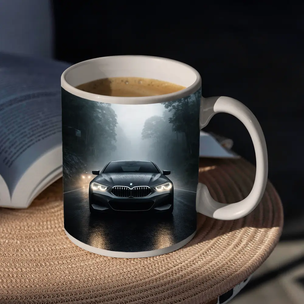 BMW 8 Series Front View Foggy Road – Mugs