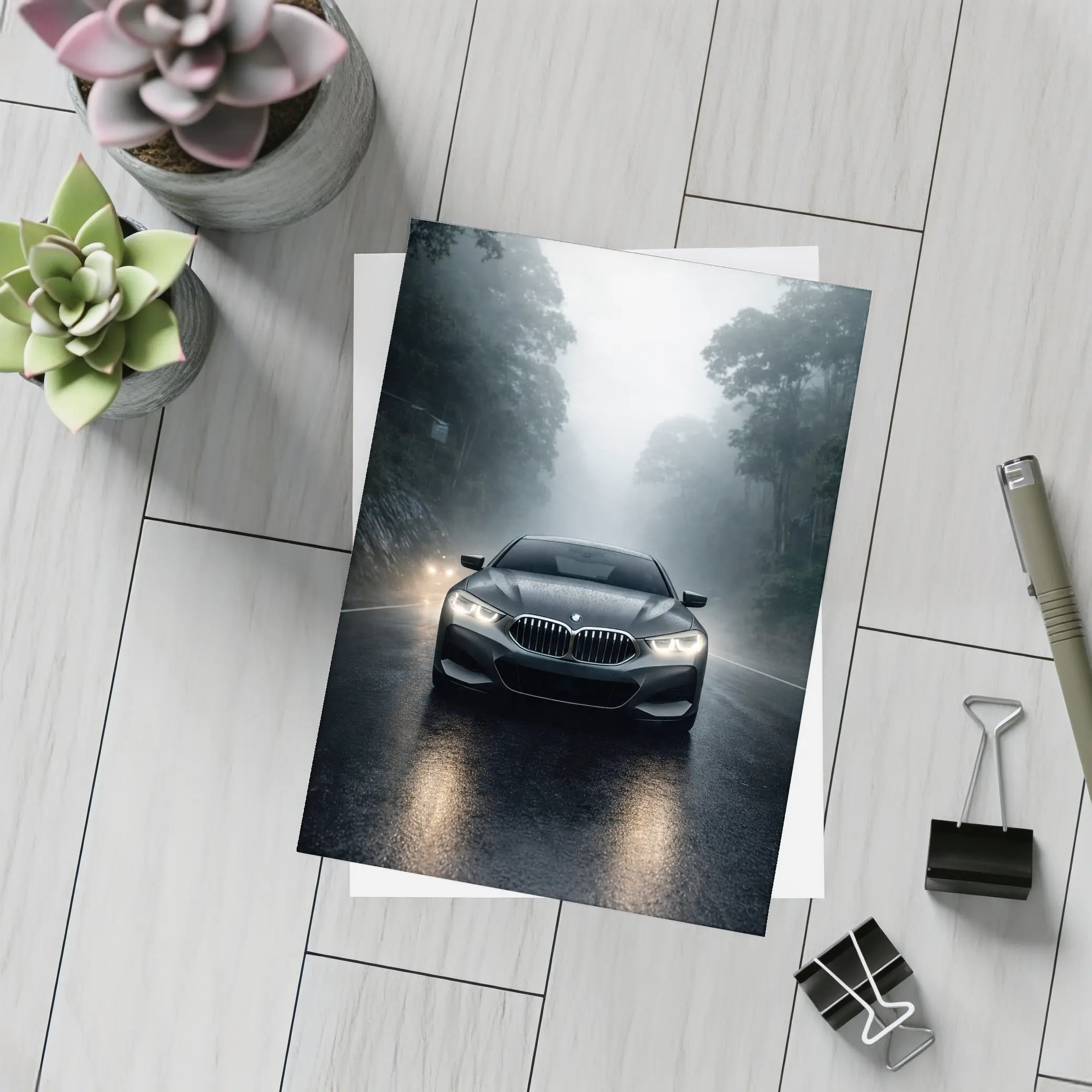 BMW 8 Series Front View Foggy Road – Postcards