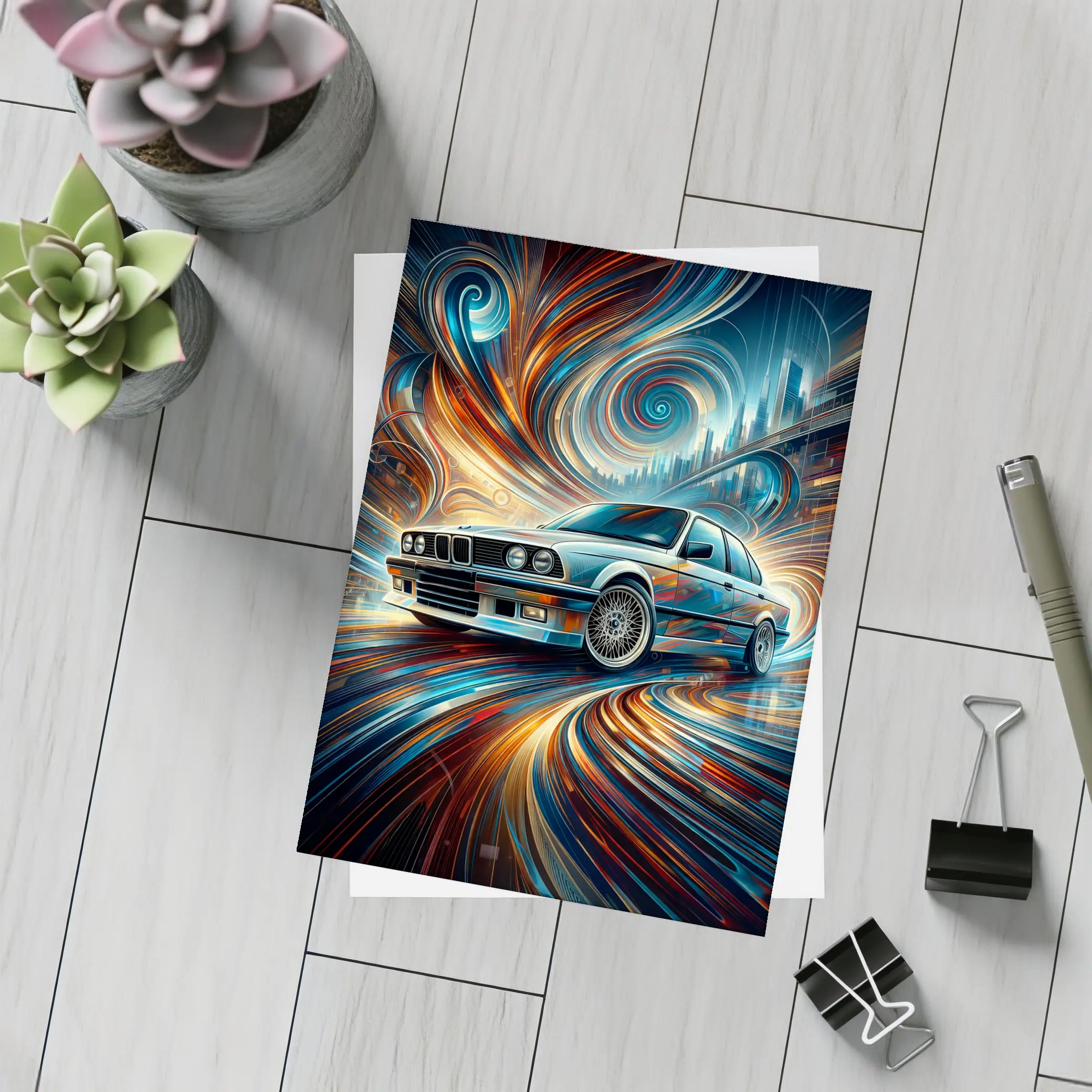 BMW E30 Swirling Abstract City Art – Postcards