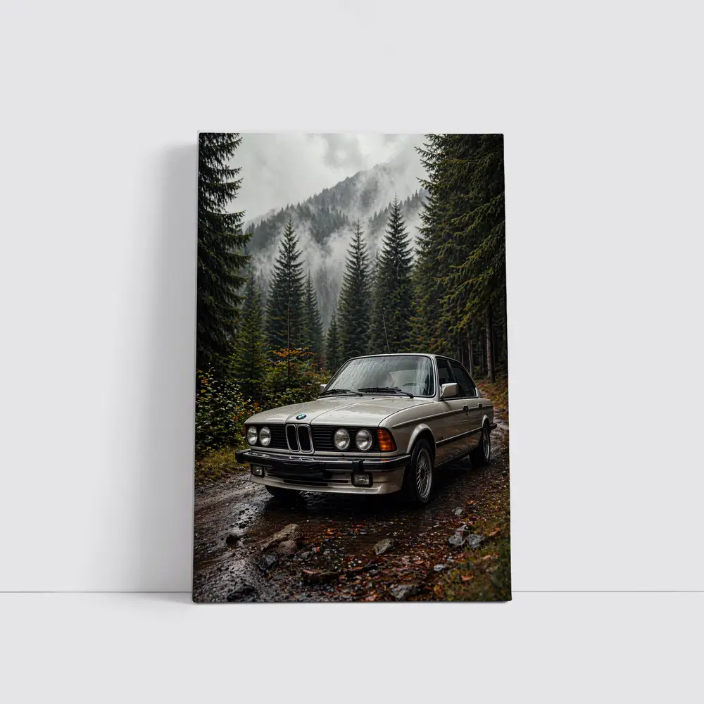 BMW E28 Classic Sedan Foggy Forest – Wall Art