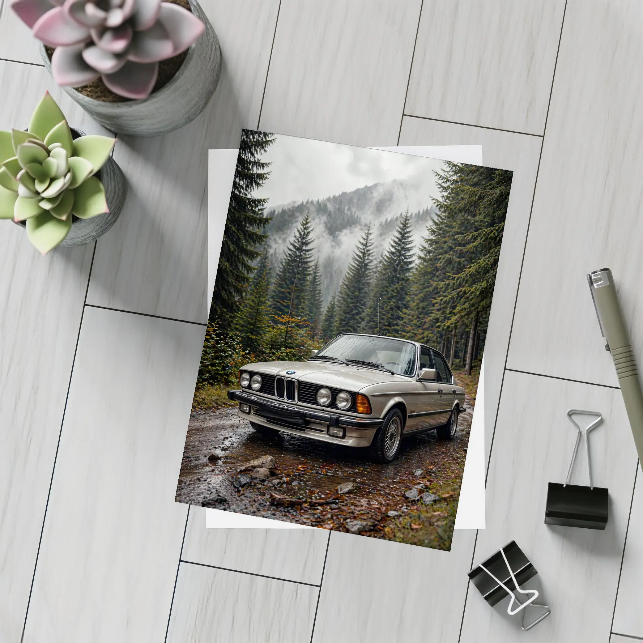 BMW E28 Classic Sedan Foggy Forest – Postcards