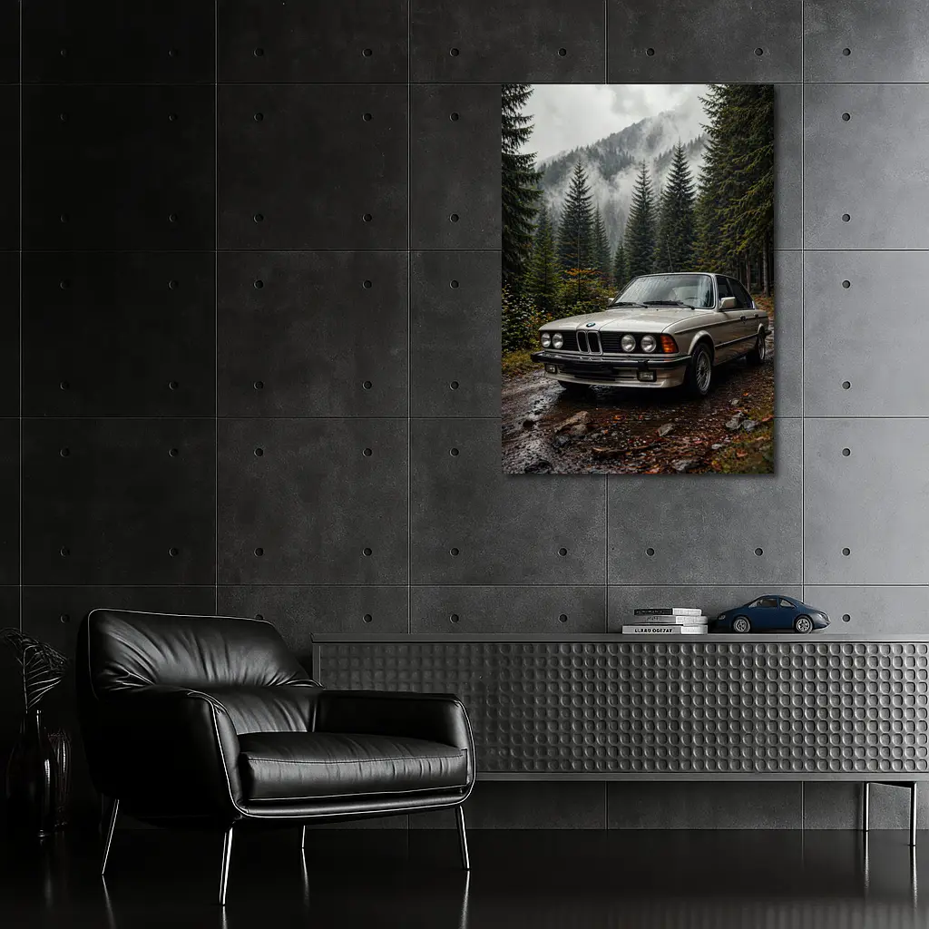 BMW E28 Classic Sedan Foggy Forest – Wall Art