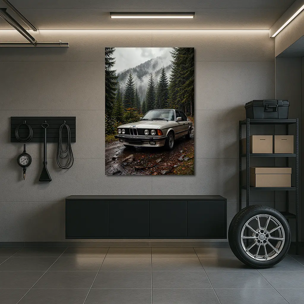 BMW E28 Classic Sedan Foggy Forest – Wall Art