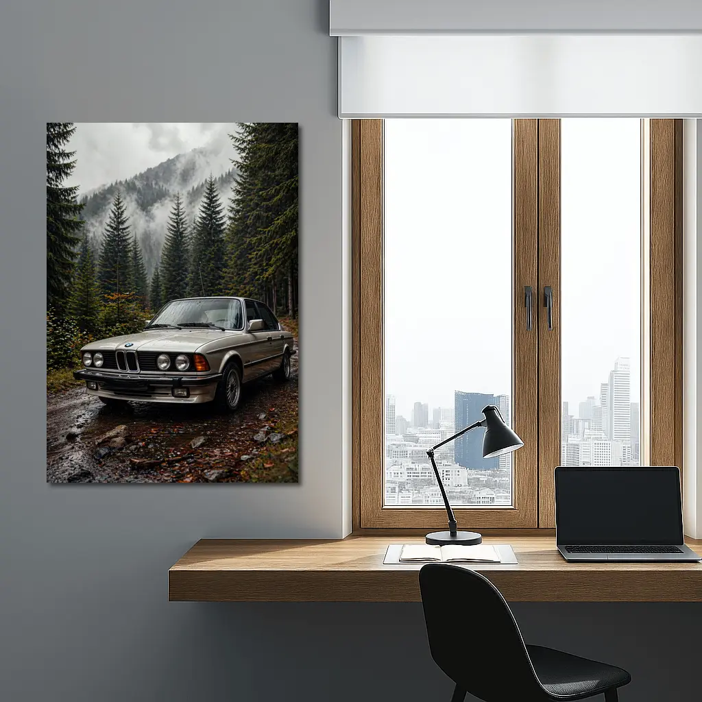 BMW E28 Classic Sedan Foggy Forest – Wall Art