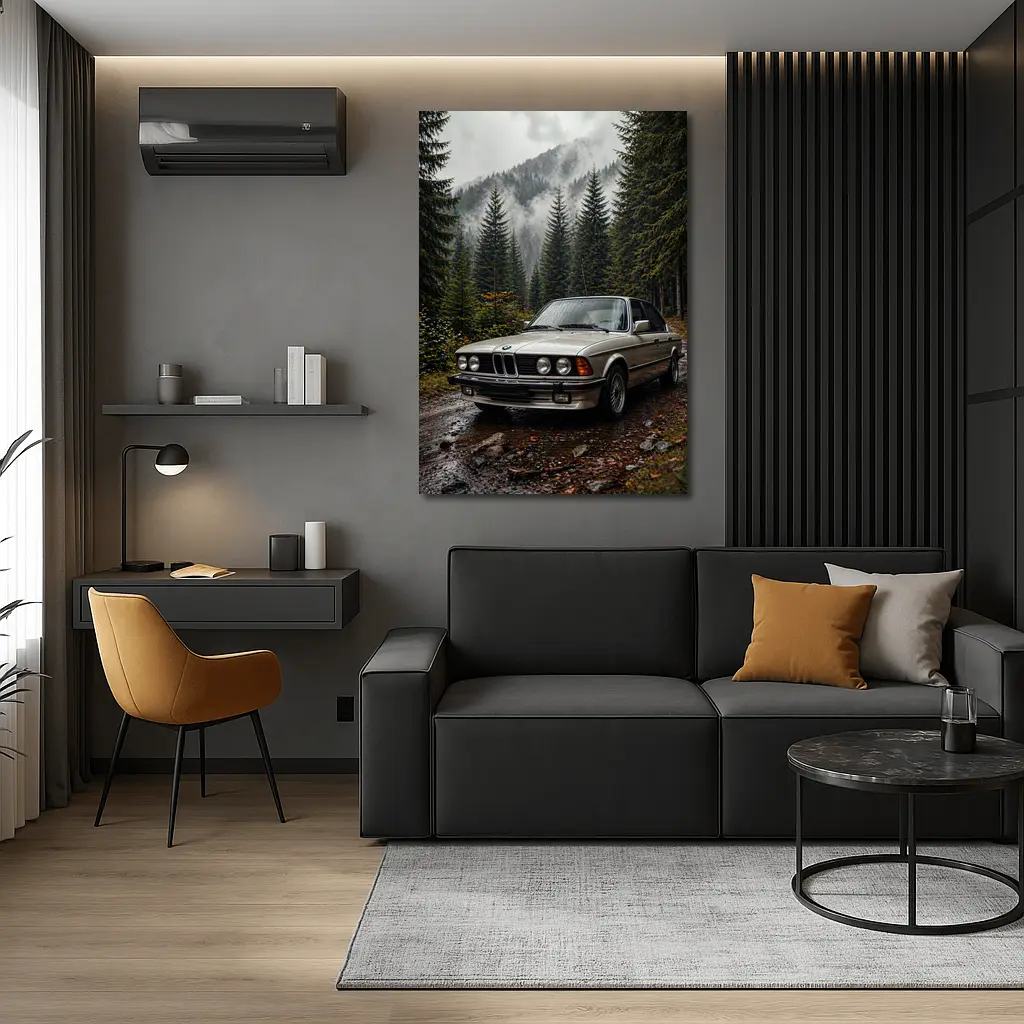BMW E28 Classic Sedan Foggy Forest – Wall Art