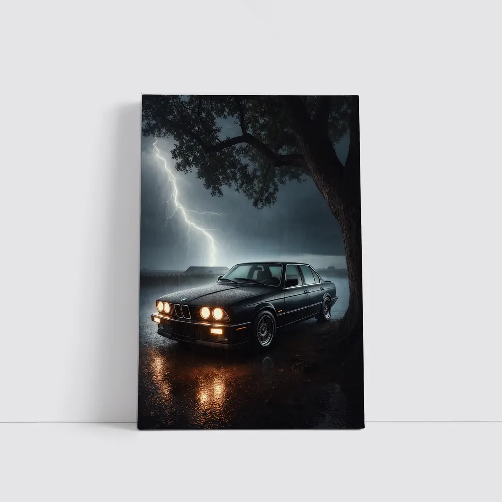 BMW E30 Parked In Stormy Night Rain – Wall Art
