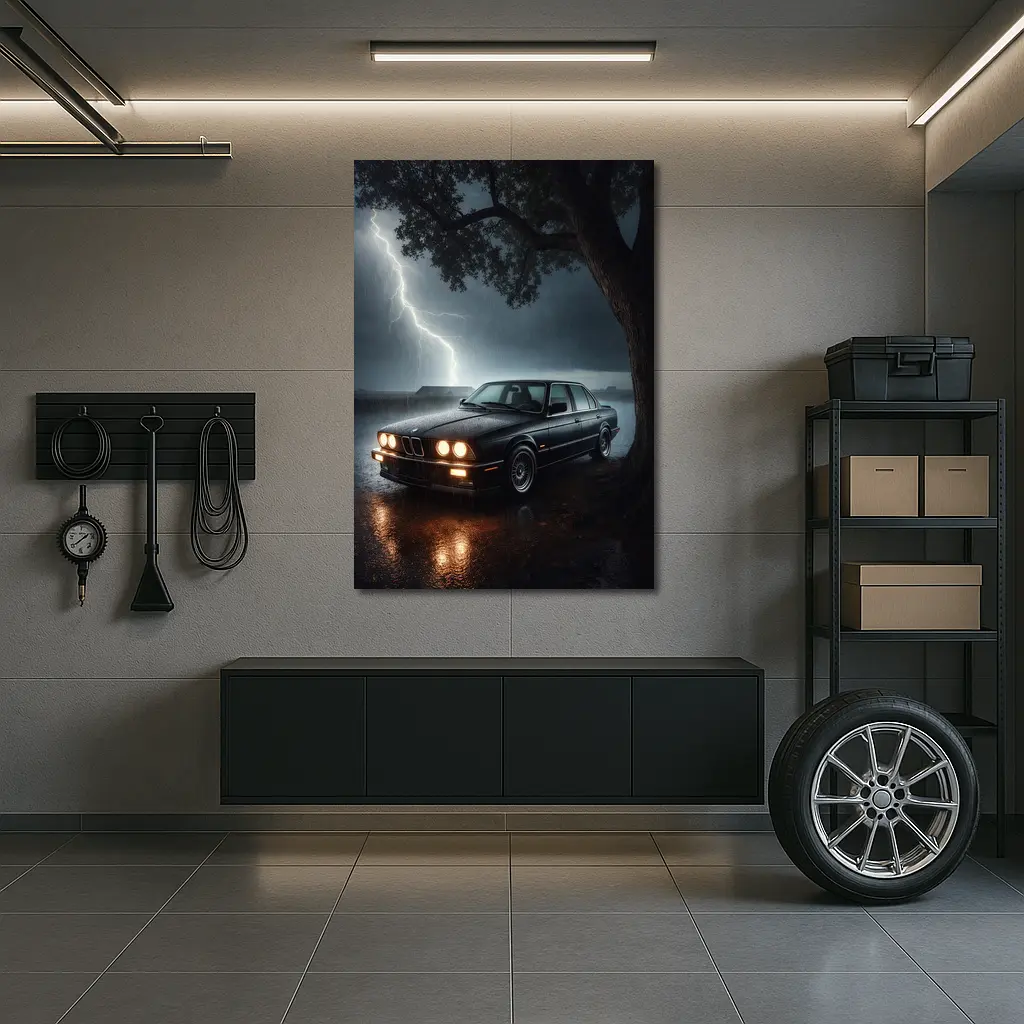 BMW E30 Parked In Stormy Night Rain – Wall Art