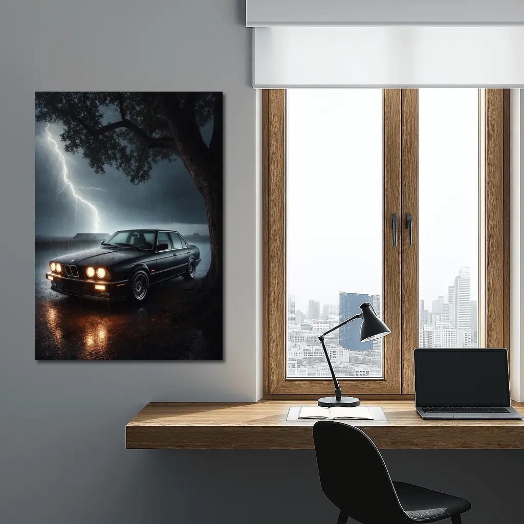 BMW E30 Parked In Stormy Night Rain – Wall Art