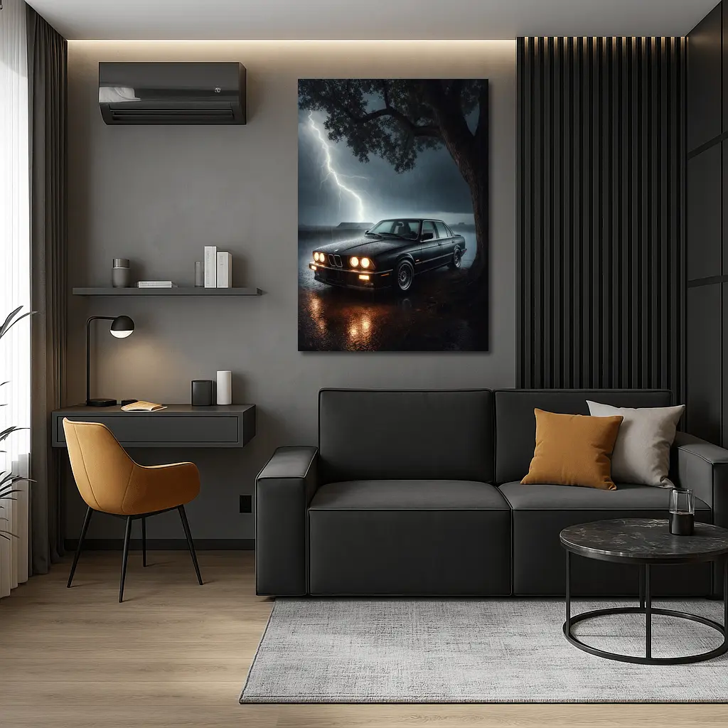 BMW E30 Parked In Stormy Night Rain – Wall Art