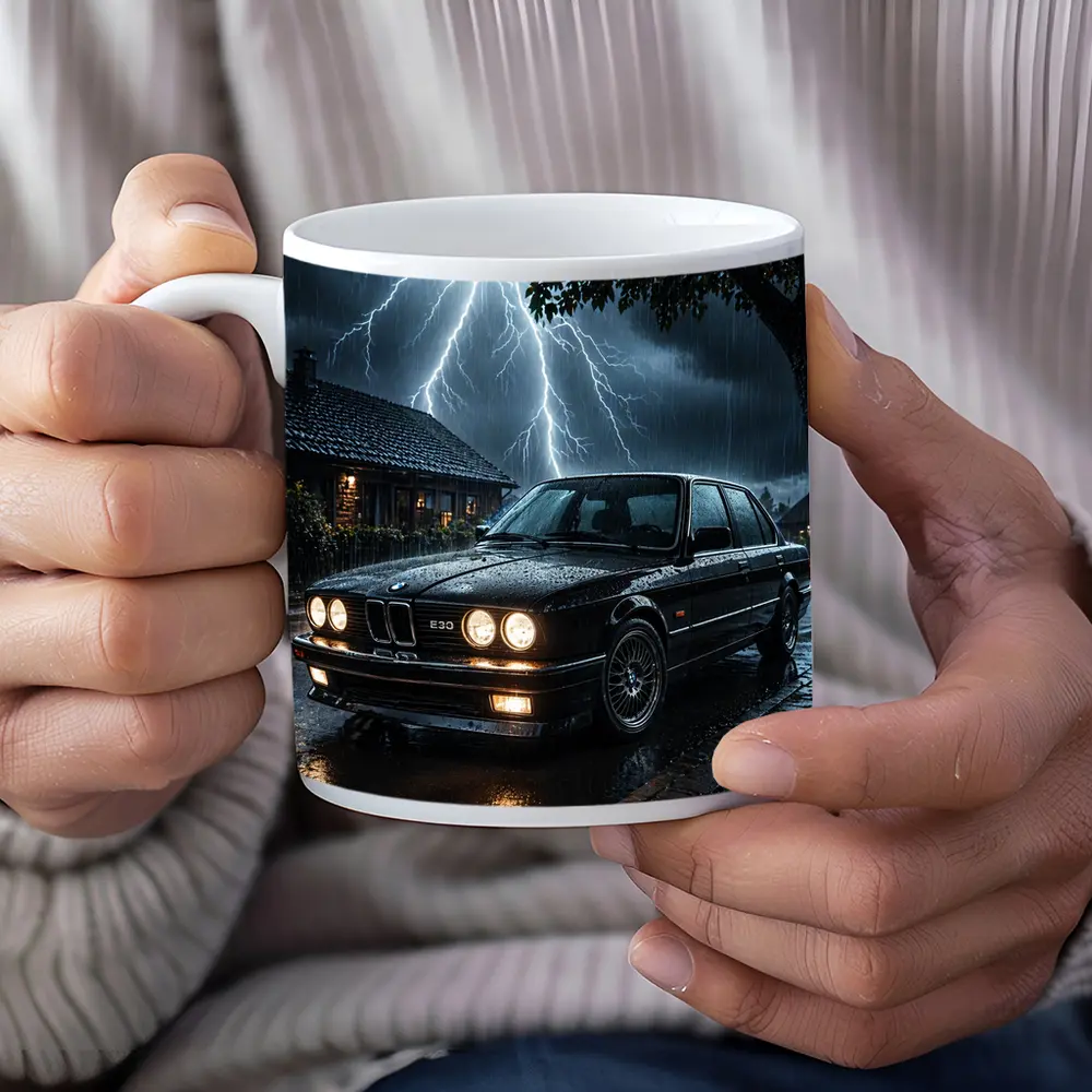 BMW E30 Sedan In Stormy Night Rain – Mugs