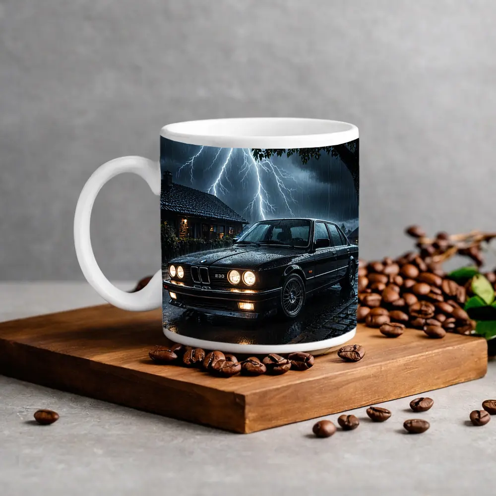 BMW E30 Sedan In Stormy Night Rain – Mugs