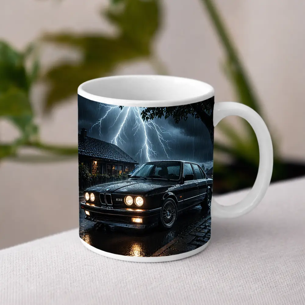 BMW E30 Sedan In Stormy Night Rain – Mugs