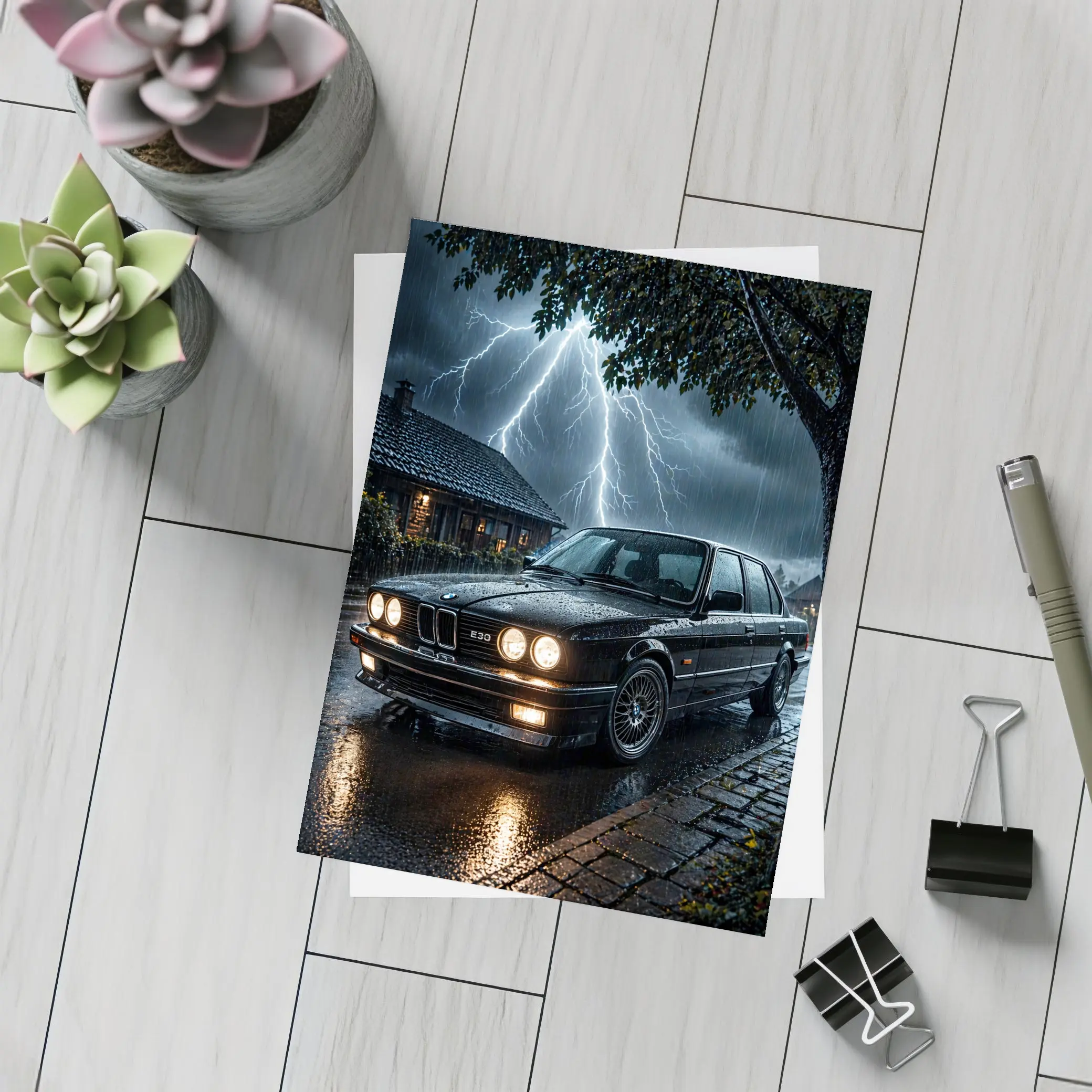 BMW E30 Sedan In Stormy Night Rain – Postcards