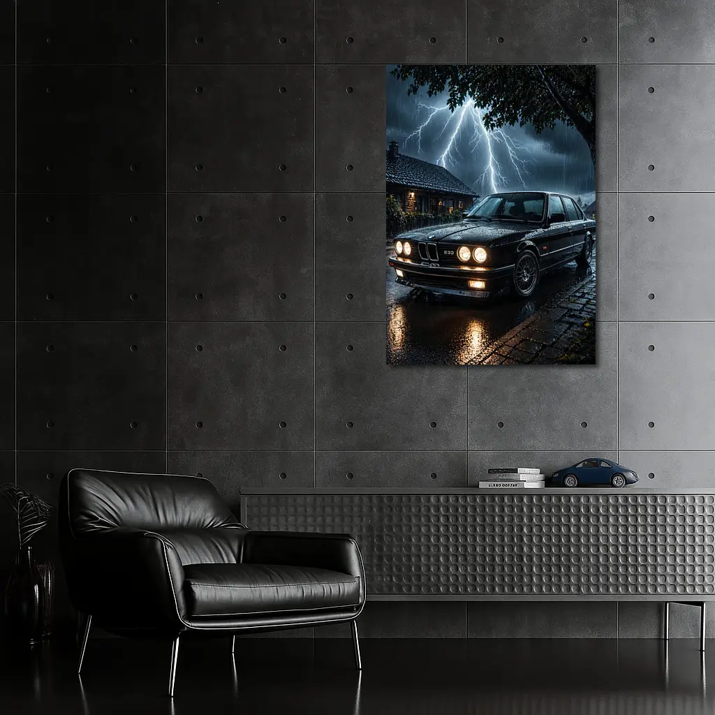BMW E30 Sedan In Stormy Night Rain – Wall Art