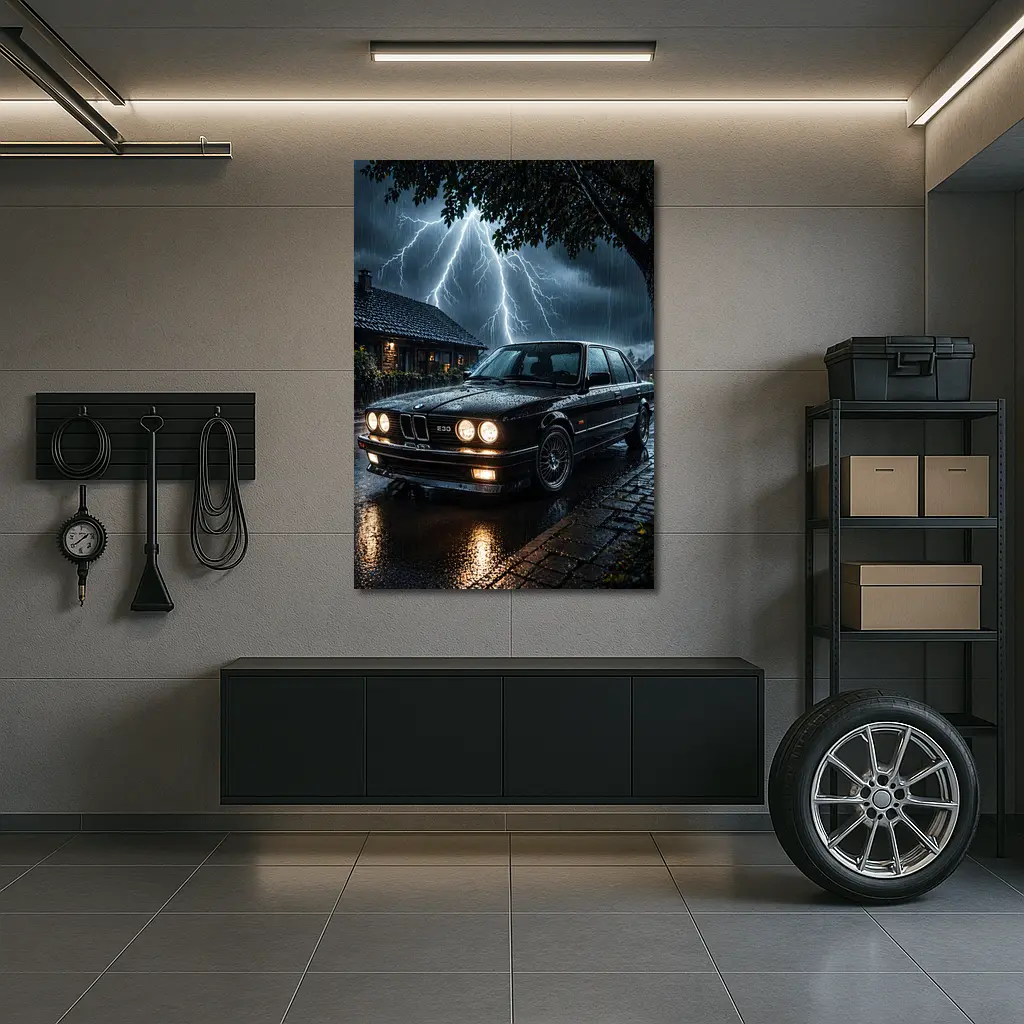 BMW E30 Sedan In Stormy Night Rain – Wall Art