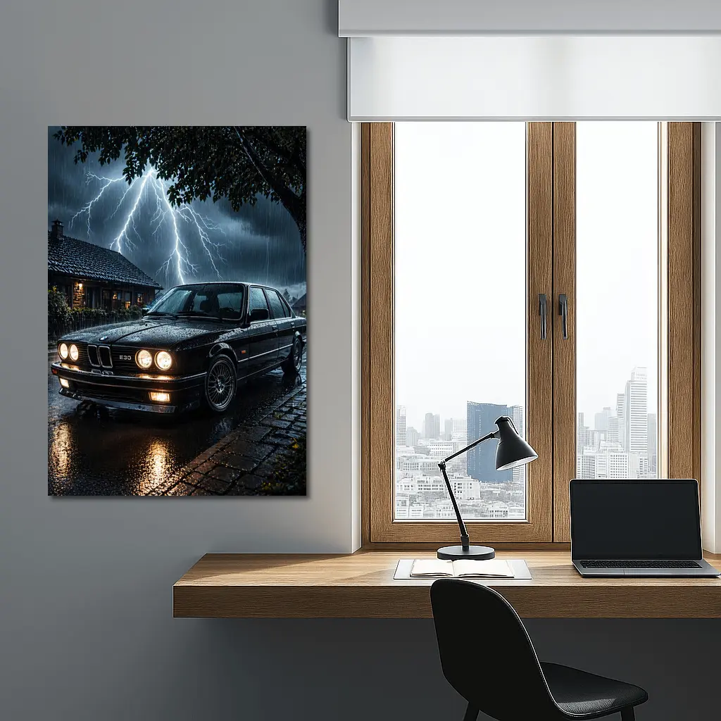 BMW E30 Sedan In Stormy Night Rain – Wall Art