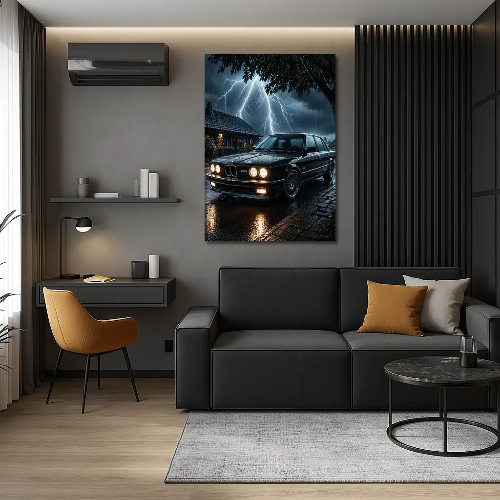 BMW E30 Sedan In Stormy Night Rain – Wall Art