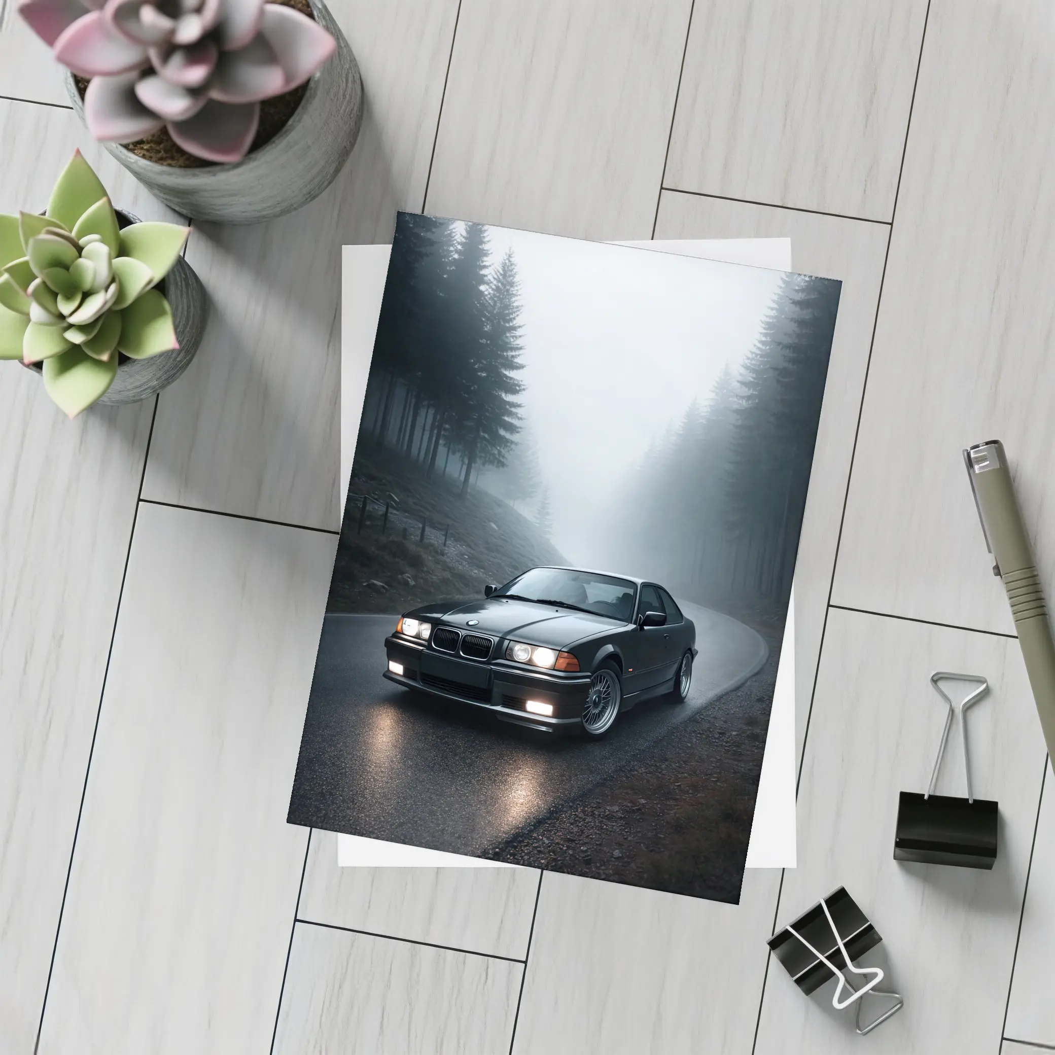 BMW E36 M3 Black Foggy Forest Road – Postcards