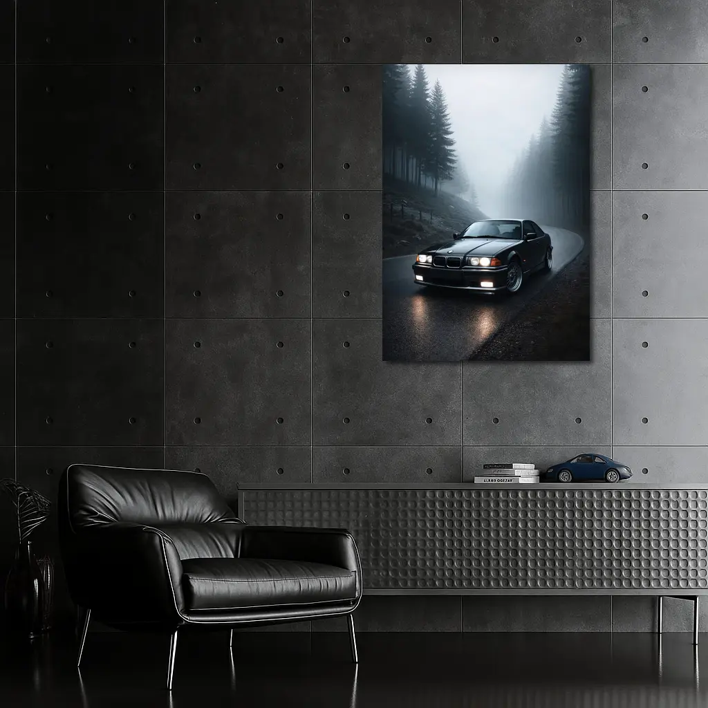 BMW E36 M3 Black Foggy Forest Road – Wall Art