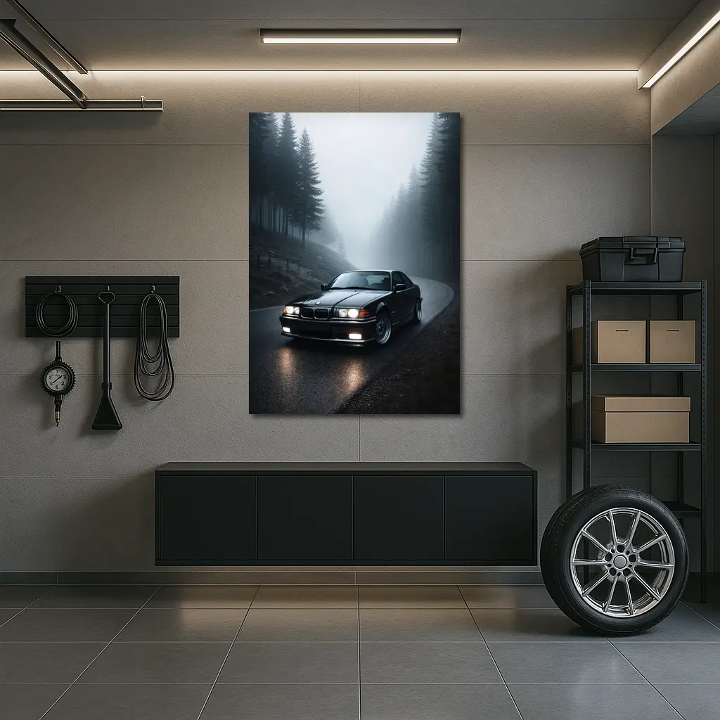BMW E36 M3 Black Foggy Forest Road – Wall Art