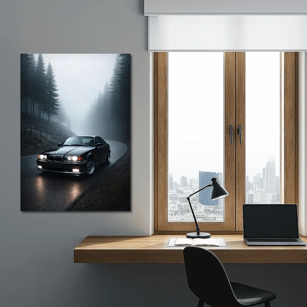 BMW E36 M3 Black Foggy Forest Road – Wall Art