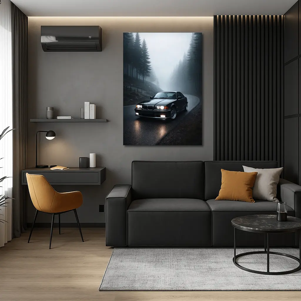 BMW E36 M3 Black Foggy Forest Road – Wall Art