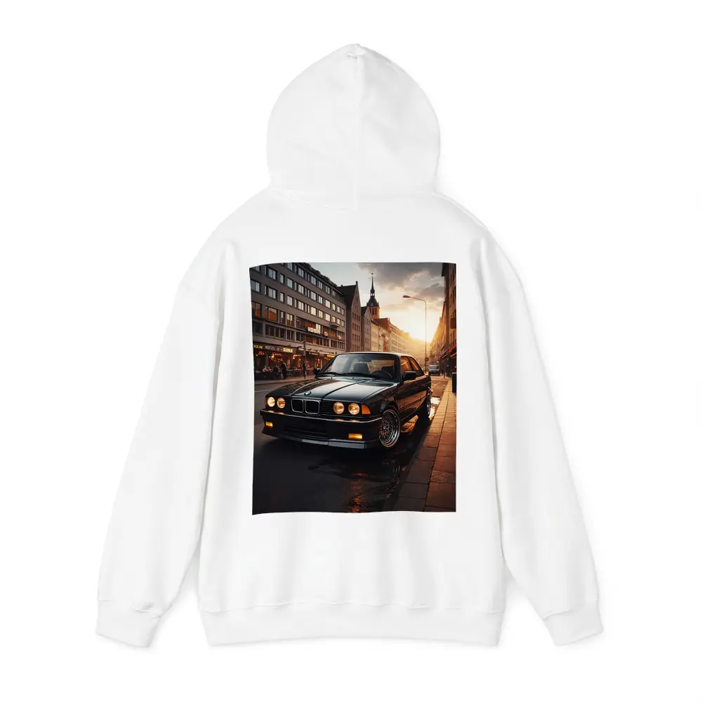 BMW E36 Parked on Wet City Street – Hoodies