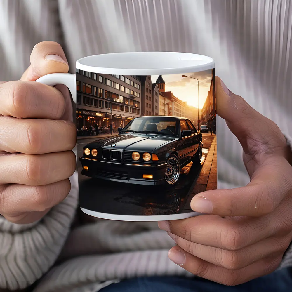 BMW E36 Parked on Wet City Street – Mugs