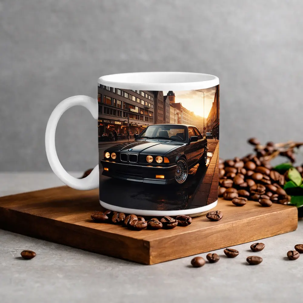 BMW E36 Parked on Wet City Street – Mugs