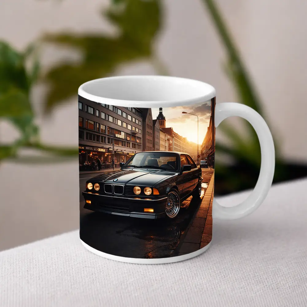 BMW E36 Parked on Wet City Street – Mugs