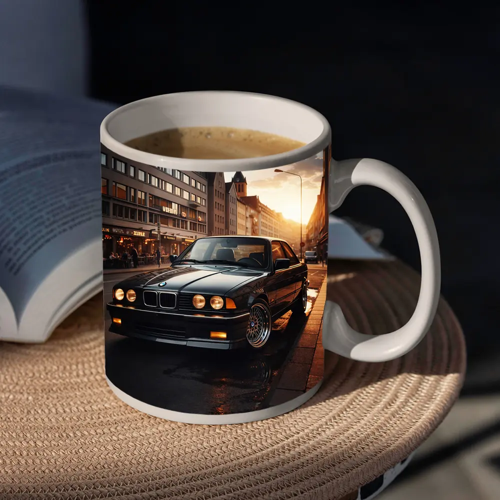 BMW E36 Parked on Wet City Street – Mugs