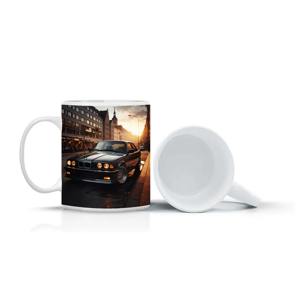 BMW E36 Parked on Wet City Street – Mugs
