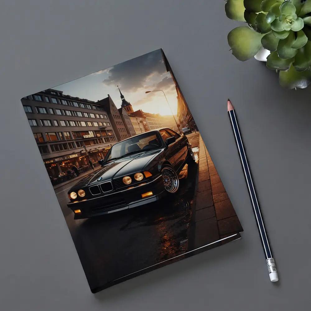 BMW E36 Parked on Wet City Street – Notebooks