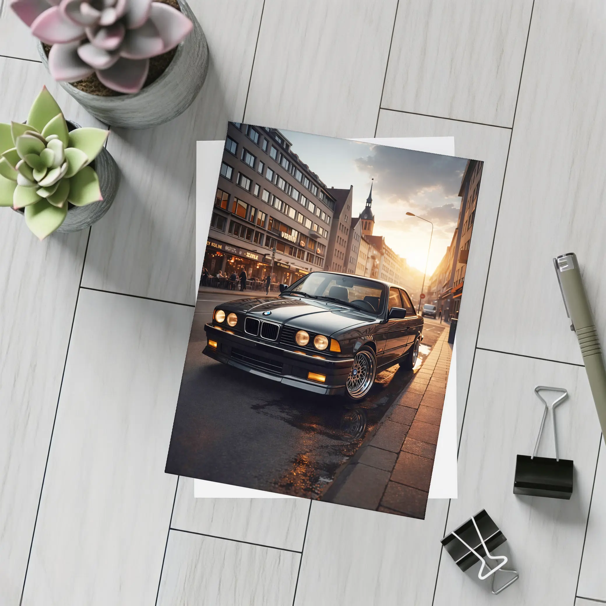 BMW E36 Parked on Wet City Street – Postcards