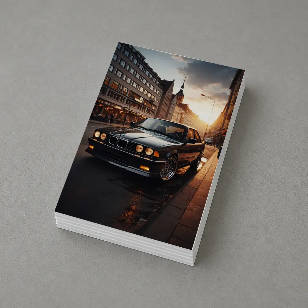 BMW E36 Parked on Wet City Street – Postcards