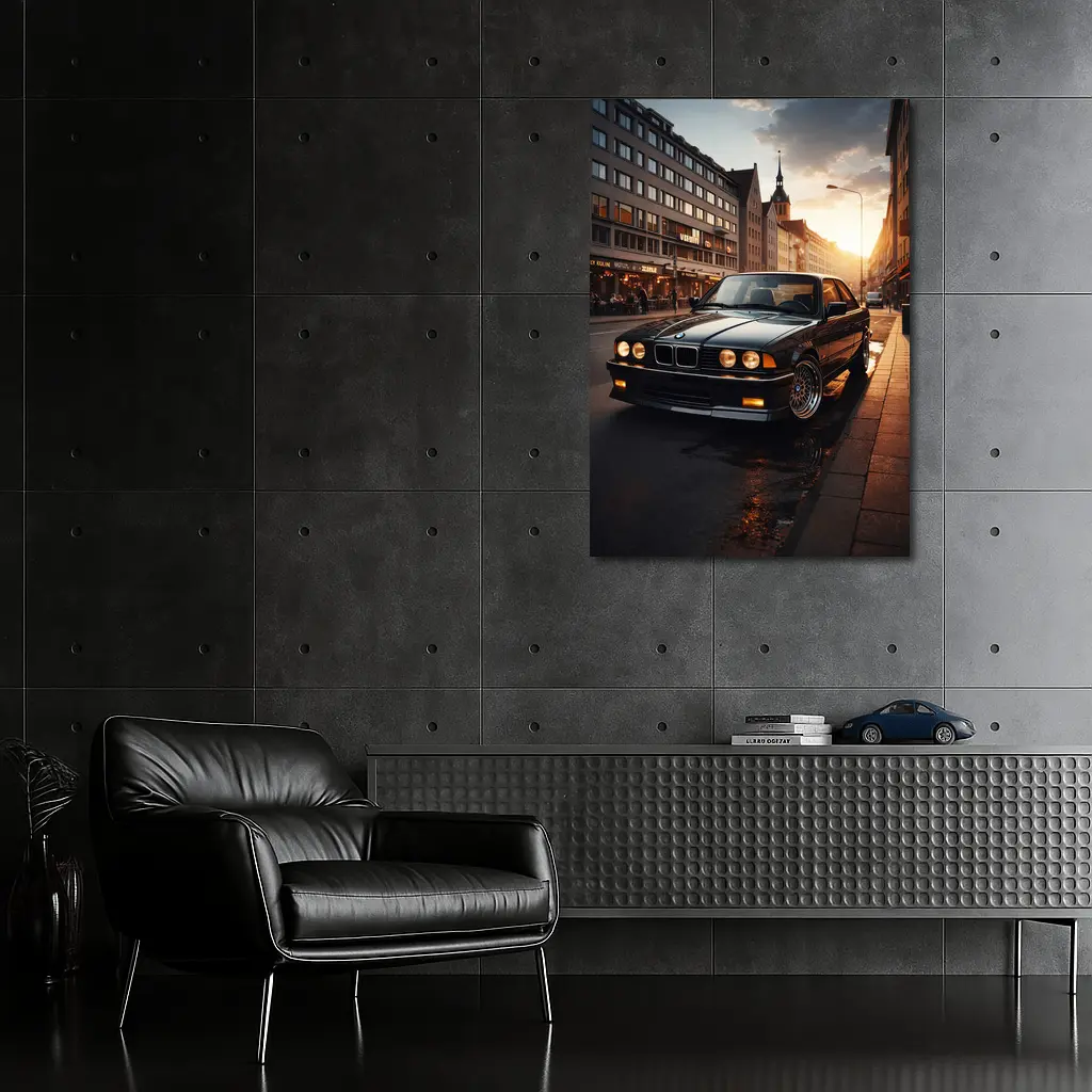 BMW E36 Parked on Wet City Street – Wall Art