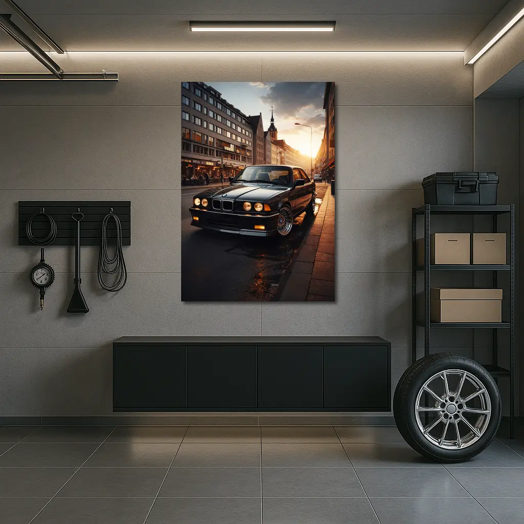 BMW E36 Parked on Wet City Street – Wall Art