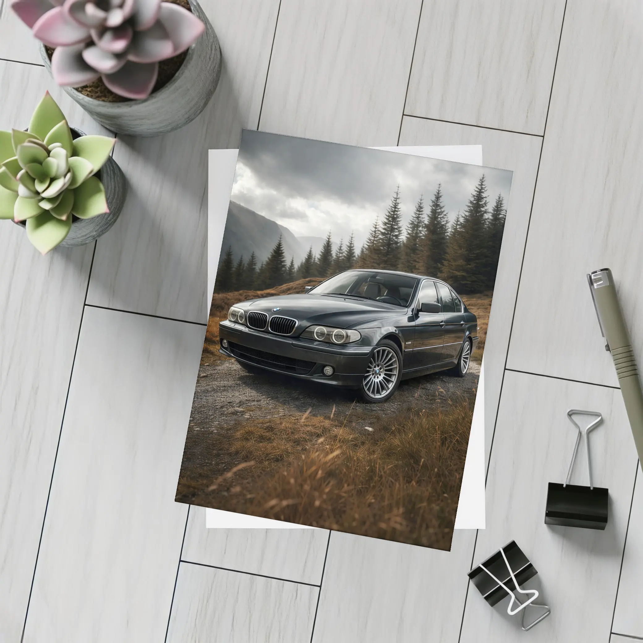 BMW 7 Series Black Sedan Mountain Forest – Postcards