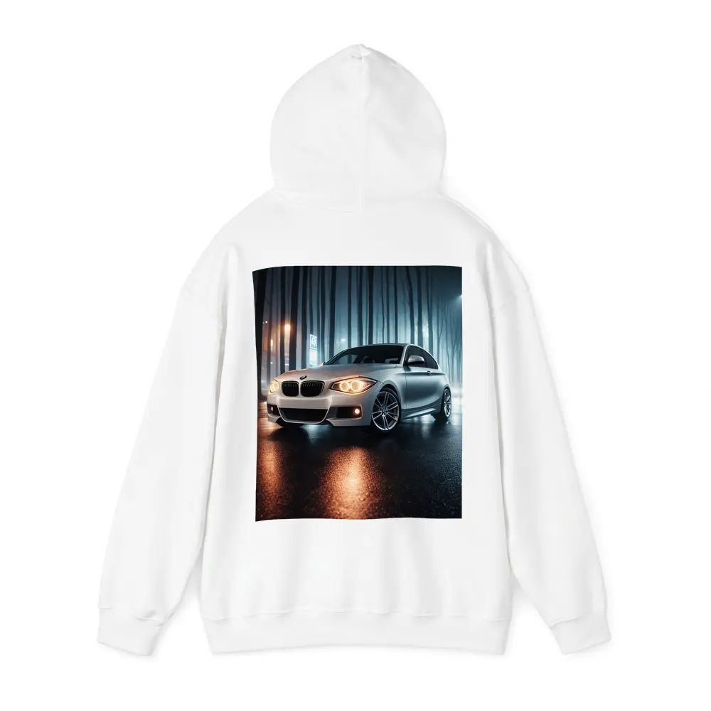 BMW One Series Parked On Misty Night Street – Hoodies
