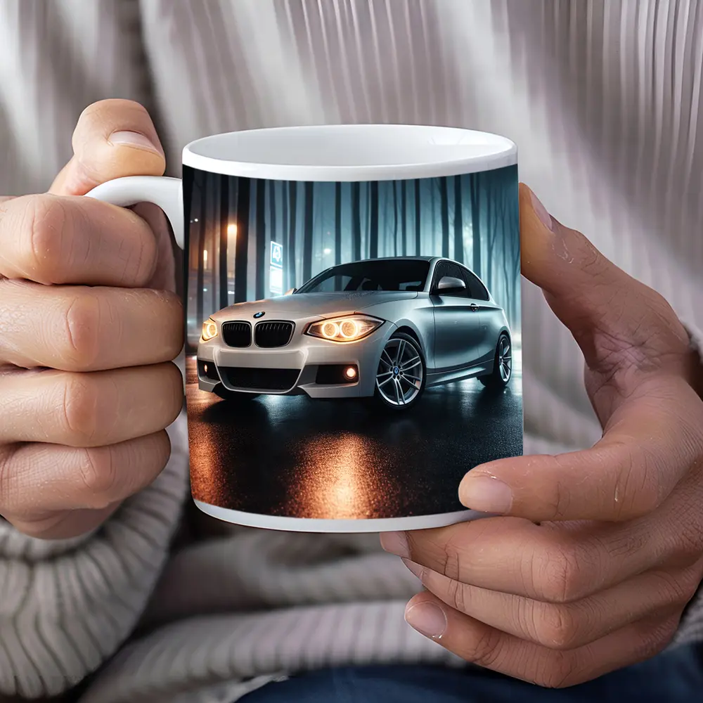 BMW One Series Parked On Misty Night Street – Mugs