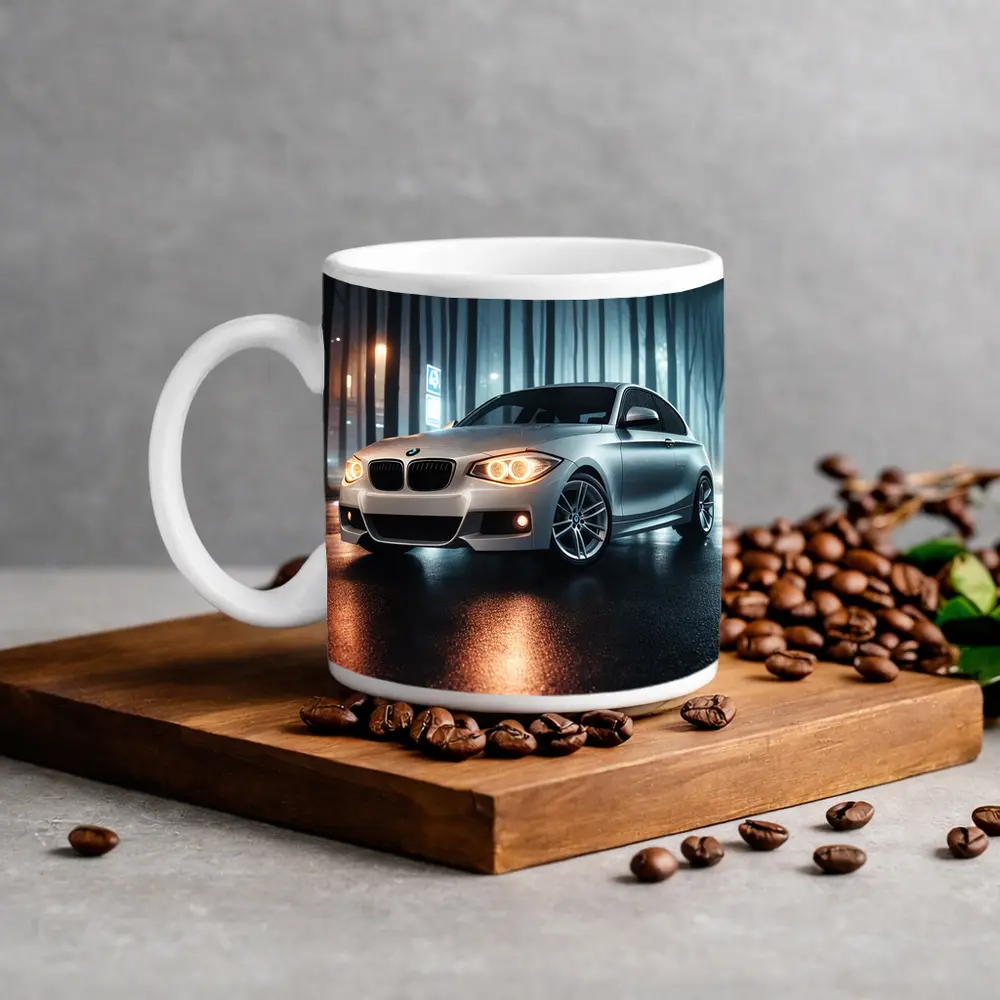 BMW One Series Parked On Misty Night Street – Mugs