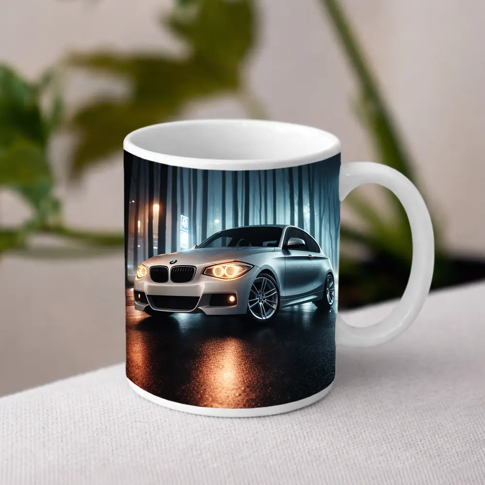 BMW One Series Parked On Misty Night Street – Mugs